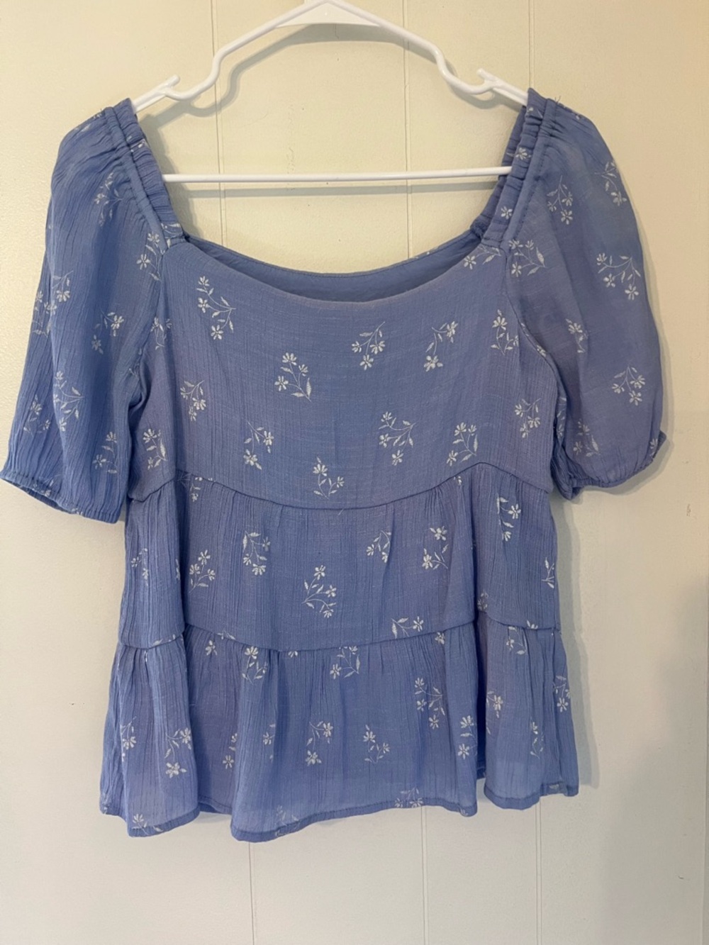 Light Blue Floral Square-Neck Tiered Blouse